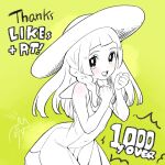  1girl :d arched_back bangs bare_arms blush braid bright_pupils clenched_hands collared_dress dress eyelashes green_background hands_up hat highres kinocopro lillie_(pokemon) long_hair looking_at_viewer lower_teeth_only milestone_celebration open_mouth pokemon pokemon_(game) pokemon_sm signature sleeveless sleeveless_dress smile solo sun_hat teeth thank_you tongue twin_braids white_pupils 