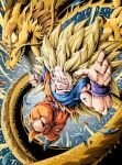  1boy biceps blonde_hair blue_background blue_footwear blue_sash blue_shirt blue_wristband boots charging_forward clenched_hand closed_mouth collarbone commentary_request dougi dragon dragon_ball dragon_ball_z eastern_dragon energy fingernails full_body green_eyes hand_up incoming_attack long_hair looking_at_viewer male_focus muscular muscular_male no_eyebrows open_mouth sash scratches serious sharp_teeth shirt son_goku spiked_hair super_saiyan super_saiyan_3 teeth torn_clothes v-shaped_eyebrows wristband youngjijii 