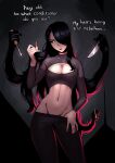  1girl absurdly_long_hair absurdres black_eyes black_hair breasts cleavage cleavage_cutout clothing_cutout crop_top hair_over_one_eye highres holding holding_knife holding_pencil holding_screwdriver knife large_breasts living_hair long_hair midriff navel nila_(telepurte) original pencil prehensile_hair screwdriver solo stomach telepurte very_long_hair 