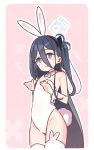  1girl alternate_costume animal_ears aris_(blue_archive) black_hair blue_archive blue_eyes bow bowtie commentary_request detached_collar flat_chest hair_between_eyes halo leotard looking_at_viewer pink_background playboy_bunny rabbit_ears rabbit_tail side_ponytail smile solo tail thighhighs white_leotard white_thighhighs wrist_cuffs yoru_nai 