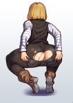  1girl absurdres android_18 anus ass ass_grab back belt black_pantyhose blonde_hair boots brown_footwear cameltoe dragon_ball from_behind grabbing_own_ass highres koohiitei_shinbo long_sleeves pantyhose shade shirt short_hair solo squatting torn_clothes torn_pantyhose 