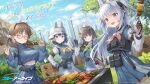  4girls bell_pepper_slice blue_archive cityscape cooking corn day eating food grill grilling highres hirokazu_(analysis-depth) holding holding_food holding_skewer kebab meat miyako_(blue_archive) miyu_(blue_archive) moe_(blue_archive) multiple_girls official_art saki_(blue_archive) sausage school_uniform skewer tactical_clothes 