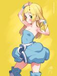  1girl alternate_costume arm_up bangs blonde_hair blue_dress blue_footwear blue_wristband blunt_bangs blush boots breasts cleavage commentary_request dress eyelashes green_eyes hand_up highres holding kinocopro lillie_(pokemon) long_hair pokemon pokemon_(anime) pokemon_sm_(anime) signature solo strapless strapless_dress thigh_boots twitter_username watermark wristband yellow_background 