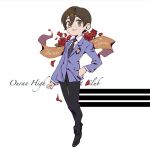  1girl alderion-al black_necktie brown_eyes brown_hair character_name commentary_request commission copyright_name flower fujioka_haruhi full_body hair_between_eyes hand_on_hip necktie ouran_high_school_host_club ouran_high_school_uniform petals red_flower red_rose reverse_trap rose rose_petals school_uniform short_hair solo spanish_commentary 