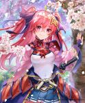  arm_at_side arm_support armor blush bow cherry_blossoms falling_petals fukube hair_bow hair_ornament highres japanese_armor japanese_clothes jouizumi_masamune katana long_hair official_art petals pleated_skirt red_eyes red_hair rope_belt sheath sheathed shoulder_armor skirt smile sword tenka_hyakken twintails waist_cape weapon wide_sleeves 