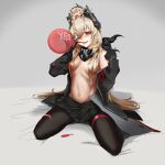  2girls absurdres artist_request balloon bangs bare_shoulders black_jacket blonde_hair blush breasts chibi commentary commission english_commentary english_text full_body girls&#039;_frontline hair_between_eyes hair_over_breasts headgear highres jacket kneeling long_hair looking_at_viewer m4_sopmod_ii_(girls&#039;_frontline) m4_sopmod_ii_jr mechanical_arms medium_breasts multicolored_hair multiple_girls navel open_clothes red_eyes red_hair skirt smile streaked_hair very_long_hair yes 