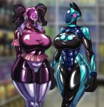  2girls android animal_ears animal_hands belt beltskirt breasts cat_ears commission glowing helmet highres huge_breasts latex multiple_girls original robot skin_tight tagme thick_thighs thighs twintails weakj wide_hips 