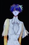  1other androgynous ascot bangs black_background blue_eyes blue_hair blunt_bangs bodysuit bowl_cut frown gold golden_arms heterochromia high_collar highres houseki_no_kuni looking_at_viewer messy_hair ochio other_focus phosphophyllite phosphophyllite_(ll) sad see-through see-through_sleeves short_hair simple_background solo upper_body white_ascot white_bodysuit wide_sleeves wing_collar yellow_eyes 