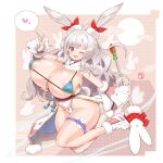  1girl :d animal_ears bea_(bropmlk) bikini bikini_top_only blush breasts capelet chinese_zodiac curvy detached_sleeves ear_bow grey_hair heart highres hikimayu huge_breasts long_hair one_eye_closed open_mouth original rabbit_ears rabbit_girl rabbit_tail red_eyes showgirl_skirt signature smile solo spoken_heart staff swimsuit tail thick_thighs thigh_strap thighs very_long_hair wide_hips year_of_the_rabbit 