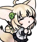  1girl ahoge animal_ear_fluff animal_ears bangs black_skirt blush chibi closed_eyes clover_hair_ornament copyright_request dokomon four-leaf_clover_hair_ornament fox_ears fox_girl fox_tail green_ribbon hair_bun hair_ornament hair_ribbon hairclip hands_up highres long_sleeves own_hands_together parted_lips pleated_skirt ribbon shirt simple_background skirt solo tail white_background white_shirt 