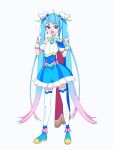  1girl ahoge bangs blue_eyes blue_hair bow cape cure_sky dddomatesu earrings fingerless_gloves gloves hair_bow highres hirogaru_sky!_precure jewelry long_hair magical_girl open_mouth precure single_sidelock skirt smile sora_harewataru twintails very_long_hair white_gloves wing_hair_ornament 