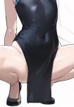  1girl black_dress black_footwear blue_archive breasts china_dress chinese_clothes commentary_request covered_navel dress head_out_of_frame kisaki_(blue_archive) korean_commentary no_panties pelvic_curtain q2_qee simple_background sketch small_breasts solo spread_legs squatting thighs white_background 