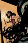  1girl black_hair blue_eyes dc_comics fire highres holding holding_torch indoors long_hair snake terrydodson torch vambraces wonder_woman 