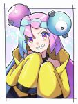  1girl bangs border character_hair_ornament commentary_request eyelashes green_hair grin hair_ornament hands_up head_tilt highres iono_(pokemon) jacket long_hair multicolored_hair nori_(hgdm2784) pink_hair pokemon pokemon_(game) pokemon_sv purple_eyes sharp_teeth sleeves_past_fingers sleeves_past_wrists smile solo teeth two-tone_hair upper_body white_border yellow_jacket 