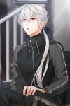  1boy :o bangs black_jacket blurry blurry_background cheritz drawstring hand_on_own_knee high_collar highres jacket long_hair long_sleeves low_ponytail male_focus official_art open_mouth red_eyes sitting solo susanghan_messenger third-party_source white_hair zen_(susanghan_messenger) zipper_pull_tab 