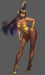  1girl animal_ears anubis_(nonsummerjack) armlet azusa_(hws) black_hair breasts cleavage covered_navel dark-skinned_female dark_skin derivative_work egyptian egyptian_mythology fishnet_pantyhose fishnets full_body gold_leotard highres jackal_ears large_breasts leotard long_hair looking_at_viewer mole mole_under_eye non_(nonsummerjack) original pantyhose playboy_bunny smile solo strapless strapless_leotard yellow_eyes 