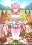  3girls ;d ^_^ animal_ear_fluff animal_ears apron apron_lift bare_shoulders blonde_hair boots bow bowtie brown_hair brown_skirt center_frills closed_eyes company_name copyright day dhole_(kemono_friends) eating elbow_gloves extra_ears food food_on_face frills gloves grass hand_up japari_bun kemono_friends kemono_friends_3 kneeling knees_together_feet_apart lifted_by_self looking_at_viewer multiple_girls musical_note nature official_art ok_sign one_eye_closed open_mouth orange_bow orange_bowtie outdoors panther_ears panther_tail peach_panther_(kemono_friends) pink_bow pink_bowtie pink_footwear pink_hair popqn print_bow print_bowtie print_gloves print_legwear print_skirt revision serval_(kemono_friends) serval_print shirt shoes short_hair sitting skirt skirt_basket sleeveless sleeveless_shirt smile star_(symbol) thighhighs traditional_bowtie white_footwear white_gloves white_shirt white_thighhighs yellow_eyes 
