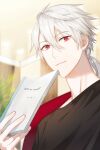  1boy bangs black_shirt blurry blurry_background cheritz closed_mouth fingernails hair_between_eyes hair_tie highres holding holding_notebook low_ponytail male_focus notebook official_art plant red_eyes shirt solo susanghan_messenger third-party_source white_hair zen_(susanghan_messenger) 