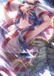  1girl ainu_clothes animal armpits bird black_hair blue_eyes dagger eagle hagure_keg highres holding holding_dagger holding_knife holding_weapon knife long_hair nakoruru samurai_spirits smile solo weapon 