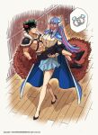  1boy 1girl abs apoloniodraws belt black_footwear black_pants blue_cloak blue_hair blue_skirt boku_no_hero_academia carrying cloak crossover gloves green_hair high_heels highres horns jewelry long_hair midoriya_izuku multicolored_hair one_piece pants pink_hair princess_carry red_gloves ring shirt short_hair skirt spiky thought_bubble two-tone_hair ulti_(one_piece) wedding_ring white_shirt wooden_floor 