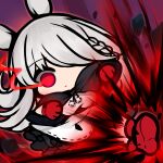  1girl animal_ears black_capelet braid capelet chibi closed_mouth copyright_request dokomon dress flaming_eye gloves glowing glowing_eyes grey_hair hair_over_one_eye highres hood hood_down hooded_capelet kicking rabbit_ears red_eyes red_footwear red_gloves shoe_soles shoes solo white_dress 