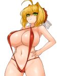  1girl ahoge blonde_hair breasts fate/extra fate_(series) flower green_eyes hair_flower hair_intakes hair_ornament hair_ribbon hands_on_hips highres large_breasts navel nero_claudius_(fate) nero_claudius_(red_lightning)_(fate) one-piece_swimsuit red_one-piece_swimsuit ribbon slingshot_swimsuit smile solo steamingtofu swimsuit white_ribbon 