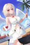  1girl :d absurdres babydoll bare_shoulders beach blush breasts chest_jewel choker cleavage coconut_tree collarbone commission cooking cup day feathered_wings food grilling grin heart highres holding holding_cup holding_tongs kokukyukeo large_breasts long_hair long_sleeves looking_at_viewer low_twintails meat mug ocean original outdoors palm_tree red_eyes ribbon_choker sarong see-through smile solo tongs tree twintails very_long_hair white_hair white_wings wings 