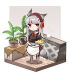  1girl animal_ears apron arknights black_shirt black_skirt blush bow bowtie chibi closed_mouth collared_shirt counter food fox_ears fox_girl fox_tail frilled_hairband frills frostleaf_(arknights) full_body grey_hair grey_thighhighs hairband highres holding holding_plate long_hair omelet omurice plant plate potted_plant puffy_short_sleeves puffy_sleeves red_bow red_bowtie red_eyes shidoh279 shirt short_sleeves skirt solo standing steam tail thighhighs waist_apron wristband 