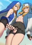  2boys abs androgyne_symbol aqua_eyes bar_censor bike_shorts bike_shorts_under_skirt black_gloves black_skirt blonde_hair blue_dress bridget_(guilty_gear) censored dress dual_persona erection fingerless_gloves finneca foreskin gloves grin guilty_gear guilty_gear_strive guilty_gear_xx habit heart highres hood hooded_jacket hoodie jacket large_penis long_sleeves looking_at_viewer male_focus mars_symbol medium_hair multiple_boys multiple_penises nun open_clothes open_hoodie otoko_no_ko penis penis_size_difference penises_touching pleated_skirt puffy_long_sleeves puffy_nipples puffy_sleeves short_hair_with_long_locks skirt smile testicles torn_clothes veins veiny_penis 