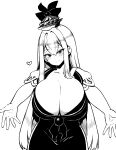  1girl absurdres bangs blush breasts cleavage closed_mouth commentary_request dress hair_intakes hat heart high_contrast highres himajin_noizu huge_breasts kamishirasawa_keine long_hair looking_at_viewer monochrome outstretched_arms reaching_towards_viewer simple_background smile solo touhou 