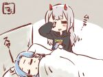  2girls =_= artist_name assault_lily bangs bed black_hoodie blanket blue_hair blush brown_background character_print chibi closed_mouth commentary don_quijote_(store) donpen fujita_asagao gochisousama_(tanin050) grey_hair hair_down hand_up hood hood_down hoodie horns igusa_subaru lifting_covers long_hair long_sleeves lying motion_lines multiple_girls on_bed on_side parted_bangs parted_lips pillow print_hoodie red_horns rubbing_eyes sleeping sleepy smile standing translated two-tone_background under_covers white_background 