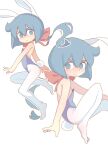  1girl animal_ears bangs bare_shoulders blue_eyes blue_hair blue_leotard bob_cut closed_mouth constanze_amalie_von_braunschbank-albrechtsberger cowlick dot_nose fake_animal_ears fake_tail flat_chest foot_out_of_frame from_side full_body hair_between_eyes hair_ribbon highres leotard light_blush little_witch_academia looking_at_viewer medium_hair multiple_views no_pupils orenji_(wholesomeorenji) outline outstretched_arm pantyhose playboy_bunny rabbit_ears rabbit_tail red_ribbon ribbon short_eyebrows simple_background straight_hair tail thick_eyebrows wavy_mouth white_background white_outline white_pantyhose 