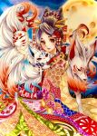  1girl :3 animal bangs black_eyes black_hair blue_sky blush closed_mouth commentary_request cone_hair_bun flower fox fox_mask full_moon gradient_hair hair_bun hair_flower hair_ornament hair_stick half-closed_eyes hands_up happy highres holding holding_animal holding_mask japanese_clothes kimono kouhaku_nawa light_blush long_sleeves looking_at_viewer mask mofu_(moffuri_sippo) moon multicolored_clothes multicolored_hair multicolored_kimono night open_mouth original outdoors parted_bangs red_eyes red_flower red_hair red_rose rope rose shimenawa short_hair sidelocks sky smile solo traditional_media two-tone_hair white_hair wide_sleeves yellow_eyes 