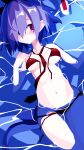  1girl absurdres bikini blue_hair breasts disgaea hair_over_one_eye hairband highres nanozenzen pleinair pointy_ears red_eyes short_hair small_breasts solo swimsuit very_short_hair water 