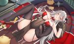  2023 absurdres aegir_(azur_lane) aegir_(golden_dragon_among_auspicious_clouds)_(azur_lane) ass azur_lane black_gloves black_pantyhose branch breasts cleavage demon_horns earrings extreme_dangling feet firecrackers framed_breasts gift gloves highres horns jewelry large_breasts luoloo lying manjuu_(azur_lane) multicolored_hair official_alternate_costume on_back pantyhose red_hair sparkle thighhighs white_hair yellow_eyes 