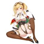  1girl absurdres azur_lane blonde_hair boots breast_zipper breasts brown_footwear coat crotch_zipper full_body goggles goggles_on_head high_heel_boots high_heels highres leonardo_da_vinci_(azur_lane) long_hair long_sleeves looking_at_viewer medium_breasts navel o-ring o-ring_bottom o-ring_panties o-ring_strap open_clothes open_coat orange_eyes panties puffy_sleeves simple_background smile solo teeth thigh_boots thigh_strap thighhighs twintails underbust underwear white_background yijiufantexi zipper 