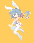  1girl animal_ears bangs bare_shoulders blue_eyes blue_hair blue_leotard bob_cut closed_mouth constanze_amalie_von_braunschbank-albrechtsberger cowlick dot_nose fake_animal_ears fake_tail flat_chest from_side full_body hair_between_eyes hair_ribbon highres leotard light_blush little_witch_academia looking_at_viewer medium_hair no_pupils orenji_(wholesomeorenji) outline outstretched_arm pantyhose playboy_bunny rabbit_ears rabbit_tail red_ribbon ribbon short_eyebrows simple_background solo straight_hair tail thick_eyebrows wavy_mouth white_outline white_pantyhose yellow_background 