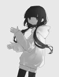  1girl :/ absurdres bangs blunt_bangs closed_mouth empty_eyes expressionless feet_out_of_frame floating_hair greyscale hands_up highres hood hood_down hoodie inabakumori_(vocaloid) jitome leggings long_hair long_sleeves low_twintails monochrome open_hands osage_(inabakumori) pale_skin shorts sidelighting simple_background solo standing twintails watanabe_(seizouhanbai) 