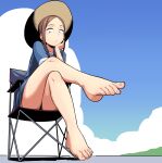  1girl barefoot blue_shirt blue_skirt brown_hair chair feet folding_chair foot_focus foreshortening hat head_on_hand highres houkago_teibou_nisshi imizu_futoshi kuroiwa_yuuki legs looking_at_viewer no_shoes no_socks orange_eyes presenting_foot shirt simple_background sitting skirt solo toenails toes 