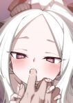  1boy 1girl ahoge black_horns blue_archive blush commentary fangs finger_sucking hand_grab highres hina_(blue_archive) hitotose_rin horns long_hair looking_at_viewer open_mouth pov pov_hands purple_eyes saliva shirt solo_focus teeth white_hair white_shirt 
