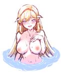  1girl :d bangs blonde_hair blue_eyes blush breasts bright_pupils collarbone commentary english_commentary fire_emblem fire_emblem_heroes hair_rings hair_tubes hand_on_own_chest hand_up highres large_breasts long_hair looking_at_viewer navel nipples nude open_mouth partially_submerged pink_lips sher_(imnotsher) simple_background smile solo very_long_hair water wet wet_hair white_background white_pupils ymir_(fire_emblem_heroes) 