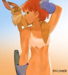  1girl animal animal_on_shoulder black_eyes blue_gloves bottomless brown_hair commentary crop_top english_commentary flat_chest gloves gun holding holding_gun holding_weapon kaze_no_tani_no_nausicaa linea_alba looking_to_the_side nausicaa navel out-of-frame_censoring pet philtomato short_hair sidelighting solo_focus tan weapon 
