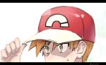  1boy bangs blue_oak blurry commentary_request cosplay hair_between_eyes hand_on_headwear hand_up letterboxed male_focus nyoripoke orange_eyes orange_hair pokemon pokemon_(game) pokemon_sm red_(pokemon) red_(pokemon)_(cosplay) short_hair simple_background solo sweatdrop white_background 
