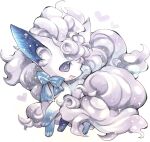  alolan_vulpix animal_focus bangs blue_bow blue_bowtie blush bow bowtie commentary english_commentary fluffy full_body grey_eyes heart highres light_blush long_hair mixed-language_commentary mofu_(moffuri_sippo) no_humans open_mouth pokemon pokemon_(creature) sideways_mouth simple_background solo sparkle standing traditional_media white_background white_hair white_theme 