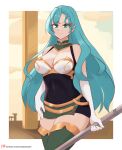  1girl absurdres aqua_hair bare_shoulders black_dress bow braid breasts chloe_(fire_emblem) cleavage commentary covered_navel cowboy_shot daymandraws dress elbow_gloves fire_emblem fire_emblem_engage gloves green_eyes green_thighhighs hair_bow highres holding large_breasts long_hair microdress pencil_dress red_bow sleeveless smile solo standing thighhighs thighs very_long_hair white_gloves 