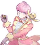  1boy 2022chirp ahoge bangs belt cane closed_mouth coat collared_shirt commentary_request gloves grey_gloves hand_up holding holding_cane holding_poke_ball looking_at_viewer luxury_ball male_focus neck_ribbon orange_ribbon ortega_(pokemon) pants pink_coat pink_hair pink_pants poke_ball pokemon pokemon_(game) pokemon_sv purple_eyes ribbon shirt short_hair smile solo team_star white_background yellow_belt 