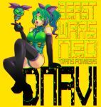  1girl ass beast_wars beast_wars_neo black_gloves black_thighhighs bow breasts character_name copyright_name creature_and_personification devil_navi elbow_gloves gloves green_hair headset large_breasts long_hair non-humanoid_robot open_mouth personification ponytail predacon purple_bow robot sitting thighhighs transformers yellow_background yoshino_online 