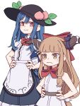  2girls absurdres bangs black_headwear blue_hair blue_ribbon blue_skirt blush_stickers bow buttons closed_mouth collared_shirt fruit_hat_ornament hair_between_eyes hair_bow hands_on_hips hat hat_ornament highres hinanawi_tenshi horn_ornament horn_ribbon horns ibuki_suika kame_(kamepan44231) long_hair multiple_girls one-hour_drawing_challenge oni_horns orange_eyes orange_hair peach_hat_ornament puffy_short_sleeves puffy_sleeves red_bow red_eyes ribbon shirt short_sleeves simple_background skirt smile torn_clothes torn_sleeves touhou white_background white_shirt 