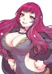  1girl :d absurdres bangs belt black_cape bodysuit breasts cape chest_strap choker cleavage commentary facial_mark fire_emblem fire_emblem_engage gold_belt grey_bodysuit hair_ornament hands_on_hips high_collar highres large_breasts long_hair looking_at_viewer open_mouth pink_choker pink_eyes pink_hair pink_pupils side_cutout simple_background smile solo star_(symbol) star_facial_mark star_hair_ornament teeth ug333333 upper_teeth_only white_background yunaka_(fire_emblem) 