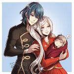  1boy 1girl baby bangs blue_hair blush byleth_(fire_emblem) byleth_(male)_(fire_emblem) closed_eyes commission couple dress edelgard_von_hresvelg family fire_emblem fire_emblem:_three_houses gzei hetero highres if_they_mated md5_mismatch ponytail red_dress smile white_hair 